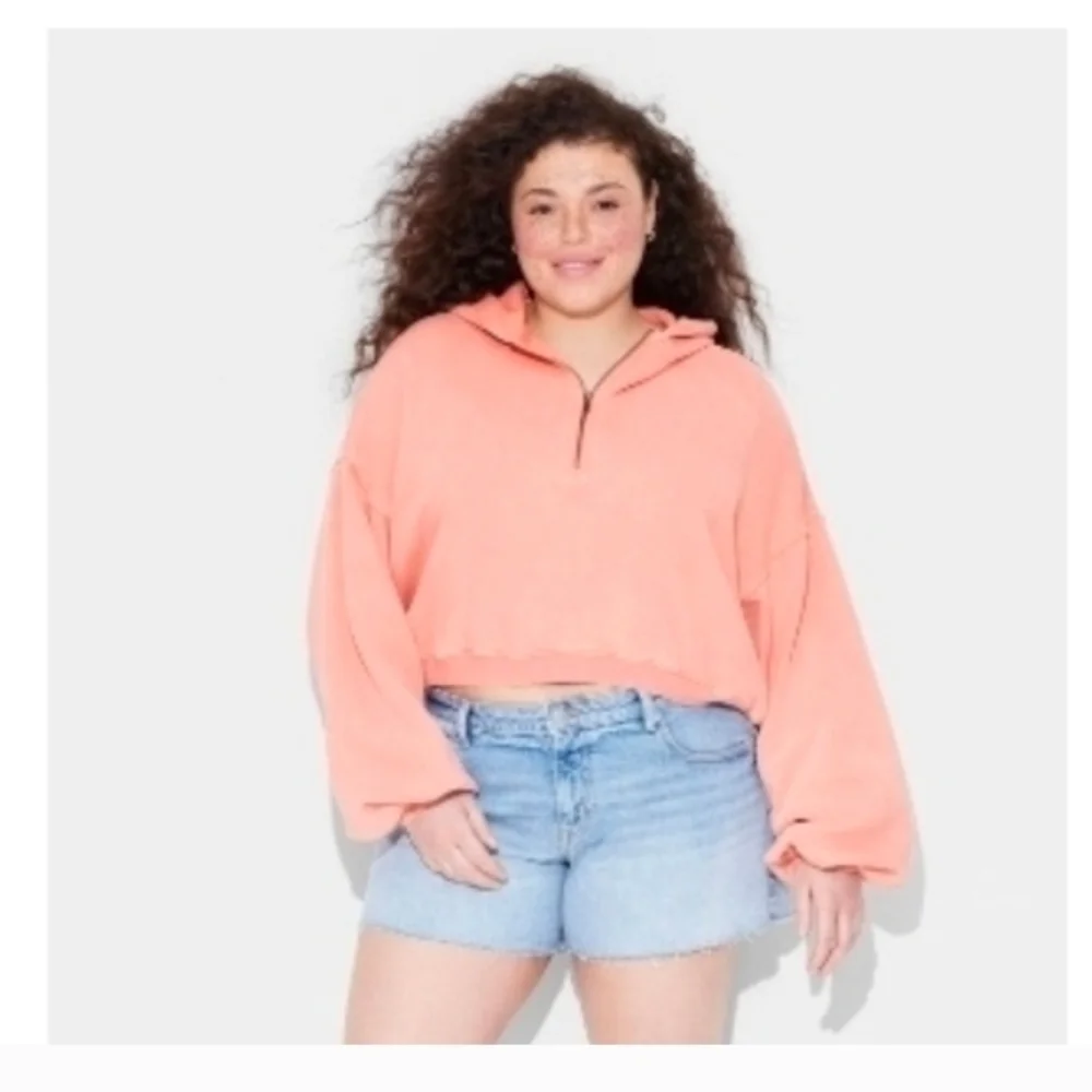 Wild Fable Women's Quarter Zip Hoodie Sweatshirt Oversized Coral Orange - Picture 3 of 6